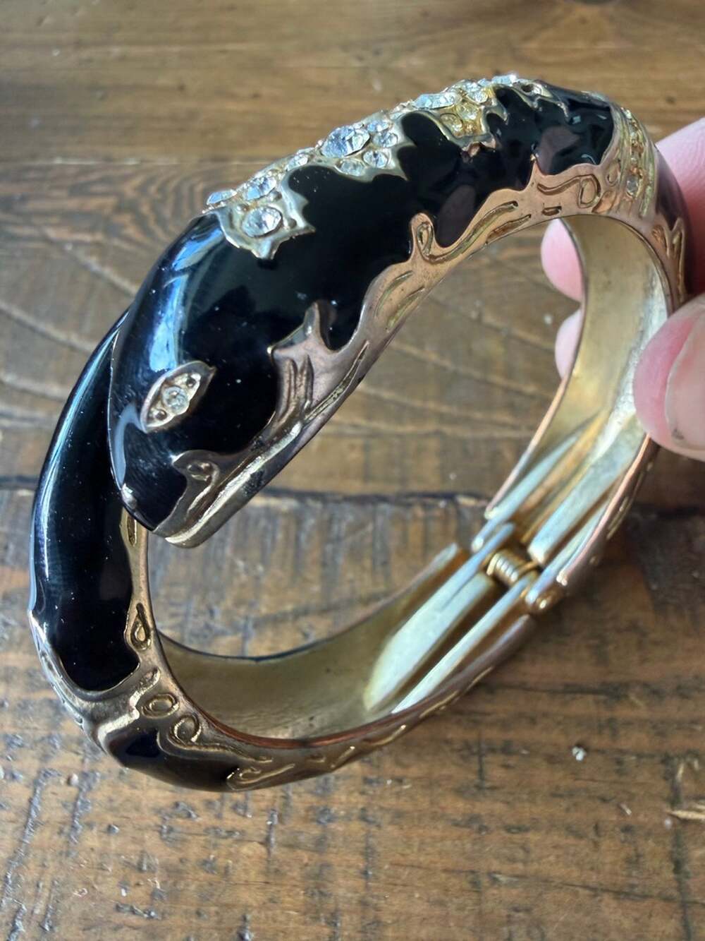 Vintage Style Black Enamel Panther Hinged Bangle Bracelet